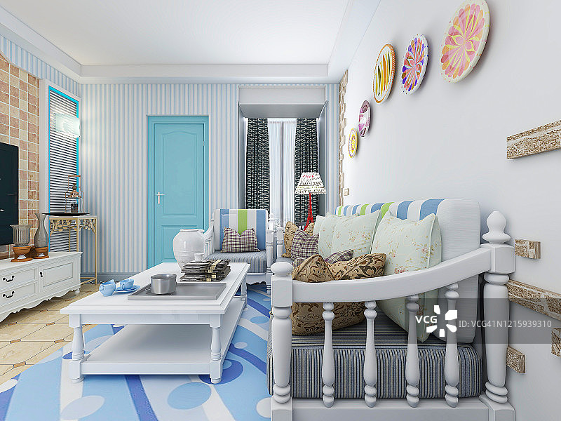3d效果图，宽敞的客厅设计以蓝色地中海为主，配有沙发、茶几、装饰画等。图片素材