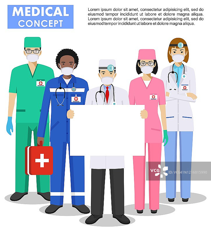 医学概念。医生和护士戴防护口罩的详细说明。一群男医生和女医生站在一起，手里拿着空牌子。病毒感染流行病隔离图片素材