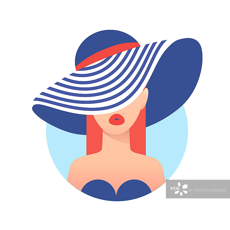 热带海滩上戴着帽子的女人。苏美尔的帽子。假期。休息的时间。旅游行程。图片素材