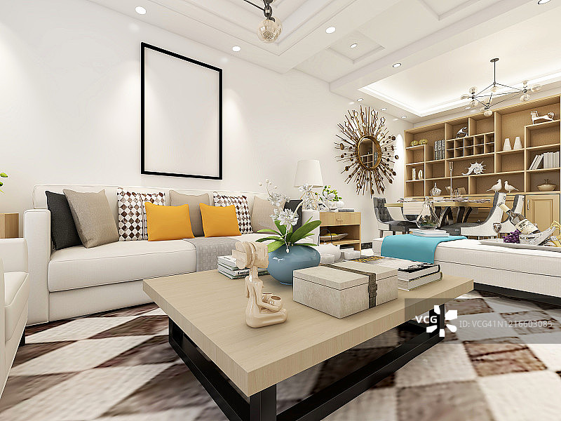 3D效果图，现代住宅宽敞的客厅设计，配有沙发、茶几、装饰画等图片素材