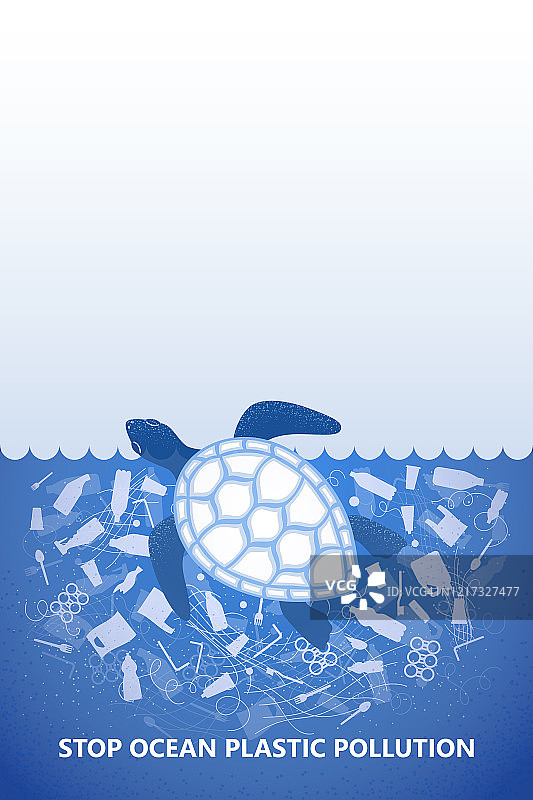 阻止海洋塑料污染。生态的海报。海龟在水中与白色塑料废物袋，瓶子上的蓝色背景。本空间的地方。平面设计。图片素材