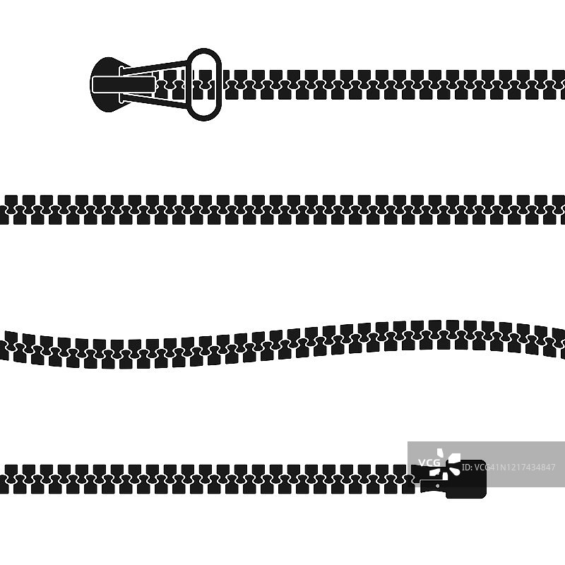 一套黑色孤立拉链扣件在白色背景上。剪影锁拉链。两个无缝拉链扣。平面设计。图片素材