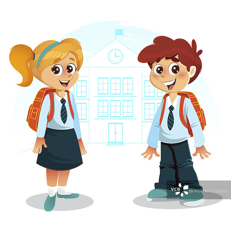 快乐的男孩和女孩背着书包在教学楼前图片素材