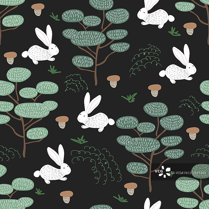 可爱的森林无缝图案与五颜六色的树木，草地，兔子，蘑菇在斯堪的纳维亚风格。简单的涂鸦松树黑色。映射纹理。手绘矢量背景为您的设计。图片素材
