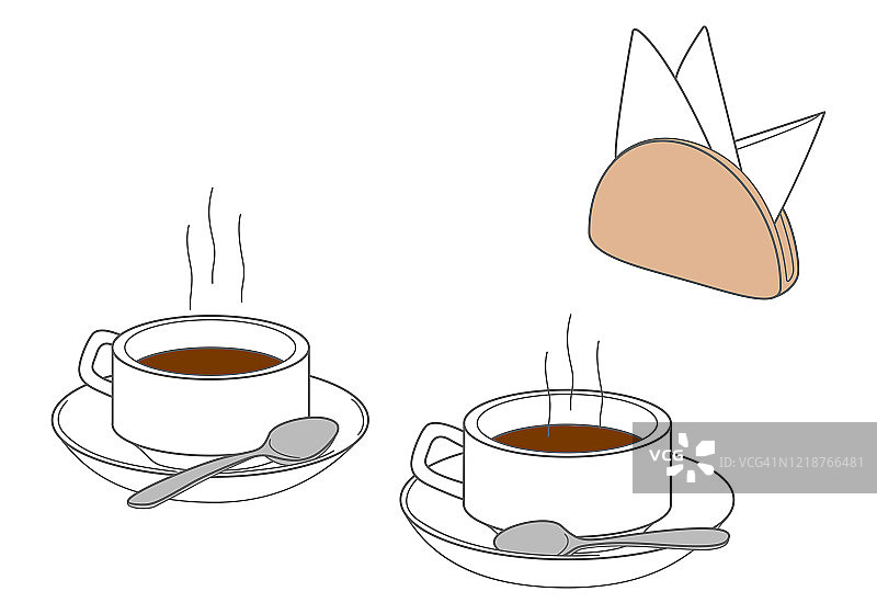 一套两个茶杯在碟子上与茶匙和一个餐巾架与纸餐巾。向量线性插图。图片素材