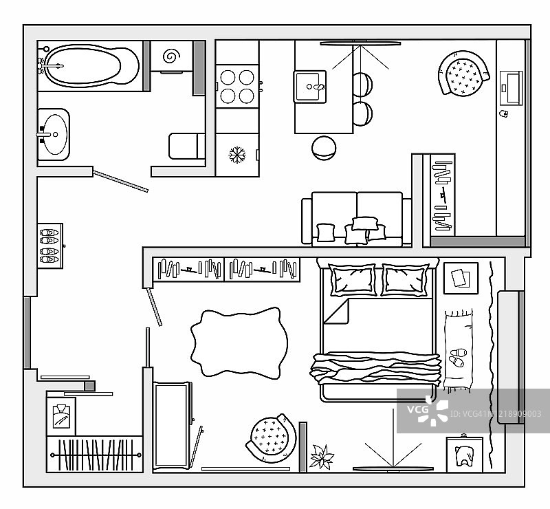 平面图，家具在俯视图。建筑套家具细线图标。现代公寓的详细布局。向量的蓝图。图片素材