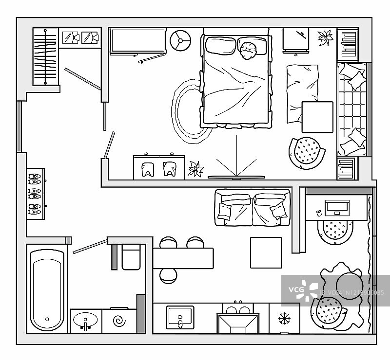 带有厨房和卧室的工作室公寓的建筑平面图。小房子俯视图。有家具摆放的平面图。室内设计项目。向量。图片素材