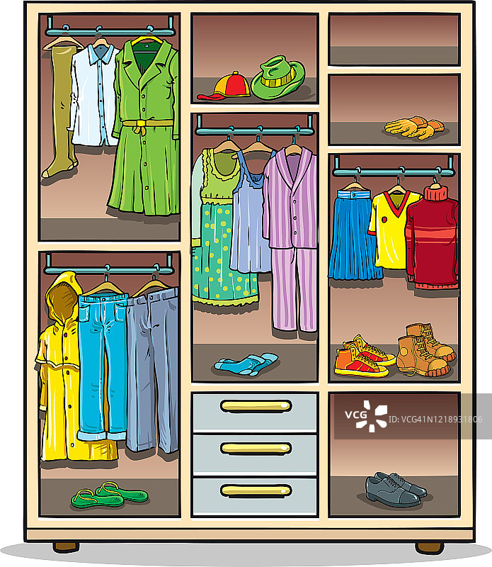 开放式衣柜，衣服放在架子和衣架上。图片素材