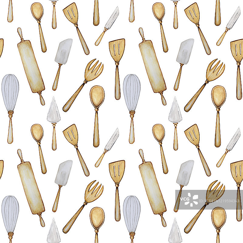 手绘木制厨房工具无缝图案。用于烘烤的配件水彩织物纹理插图。烹饪时间海报，横幅概念。勺子，抹刀，叉子，擀面杖，刀。图片素材