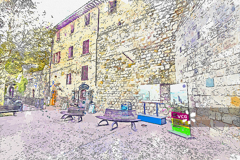 意大利世界遗产圣吉米尼亚诺旧城水彩画。图片素材
