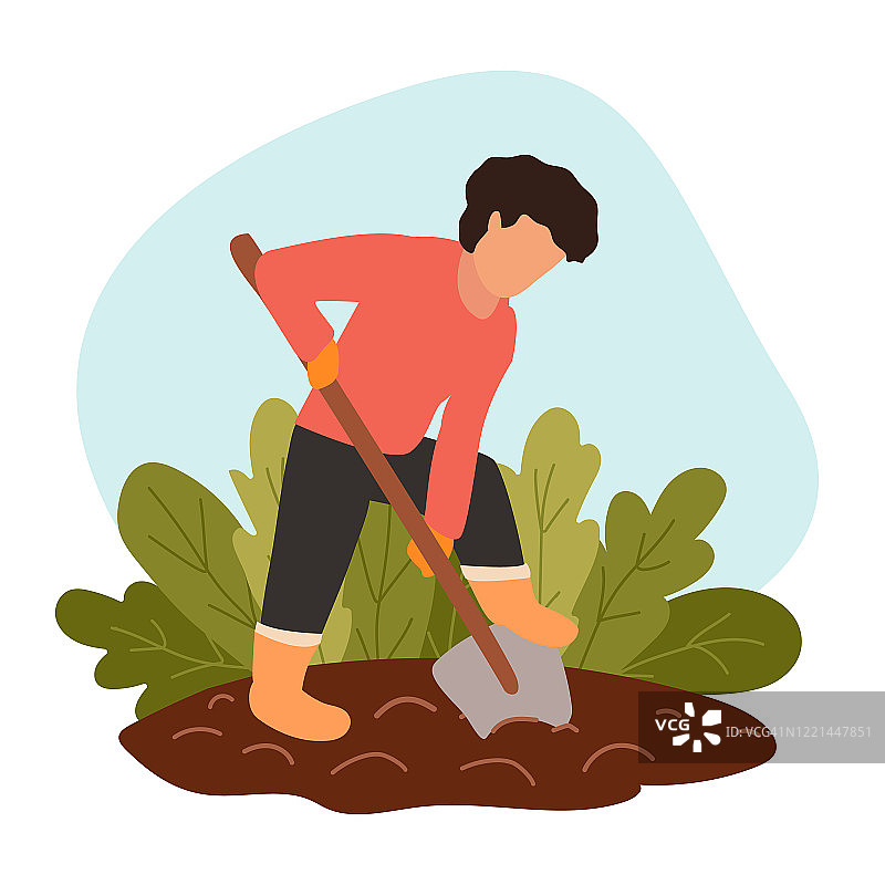 农场里的人用铁锹挖土。戴着防护手套和靴子的人种植有机食品。32、生态农业理念，劳改国家。矢量平面现代插图。为种植准备土壤图片素材