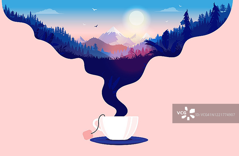 早茶——一杯蒸汽茶伴着日出形成一道美丽的风景线图片素材