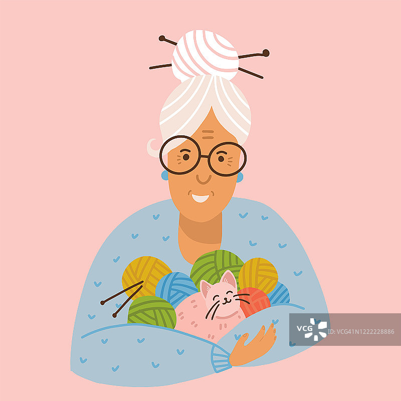 奶奶做的编织品。白发苍苍的祖母手里拿着许多线索和一只猫。矢量插图孤立在粉红色的背景。图片素材