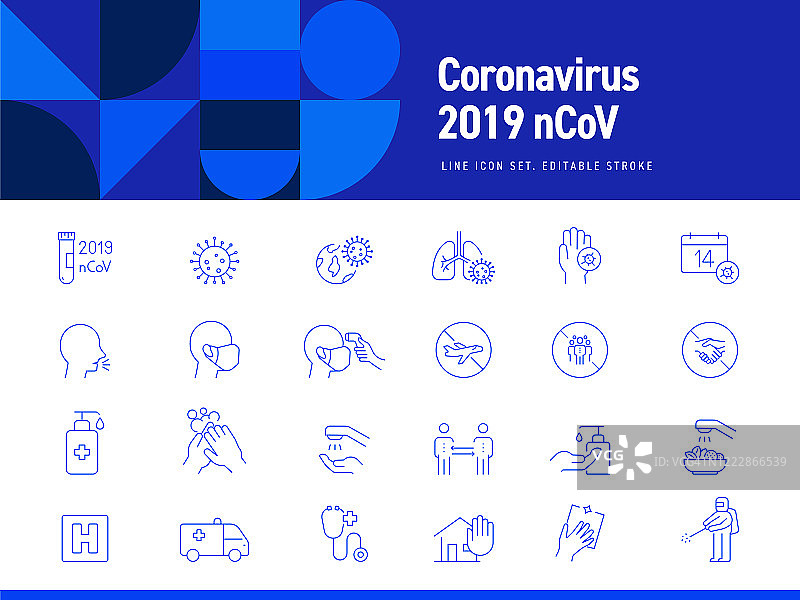 冠状病毒2019-nCoV相关线图标集。可编辑的中风。简单的轮廓图标。图片素材