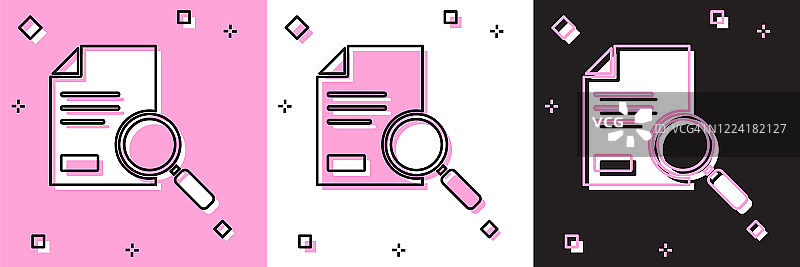 设置文档与搜索图标隔离在粉红色和白色，黑色背景。文件和放大镜图标。分析研究的迹象。矢量图图片素材