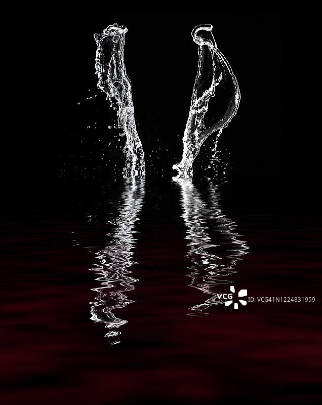 人物和抽象形式的水漂浮在空中，反映在水中的黑色背景。图片素材