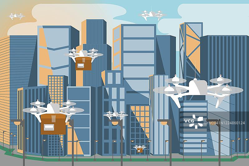 无人机在城市里运送包裹图片素材