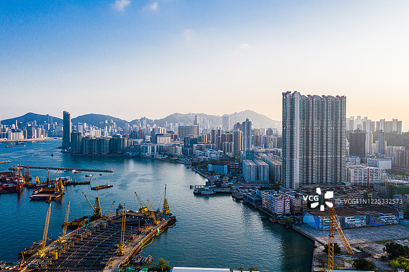 香港启德邮轮码头的无人机影像图片素材