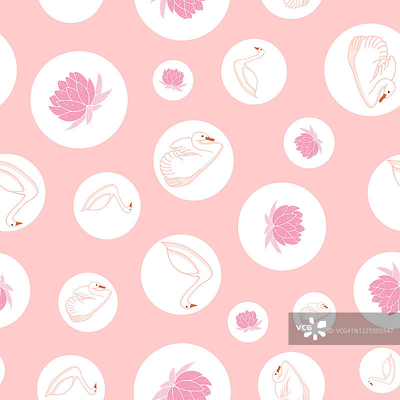 白天鹅，睡莲和气泡无缝图案在粉红色的背景图片素材