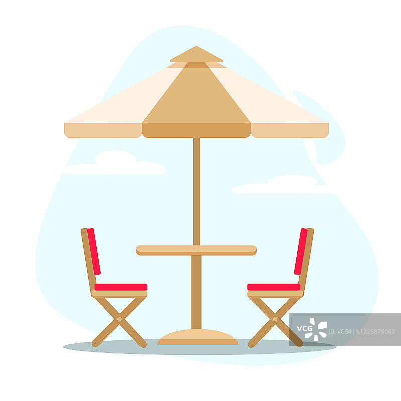 夏日户外咖啡馆与桌子，雨伞，椅子隔离在蓝天背景。图片素材