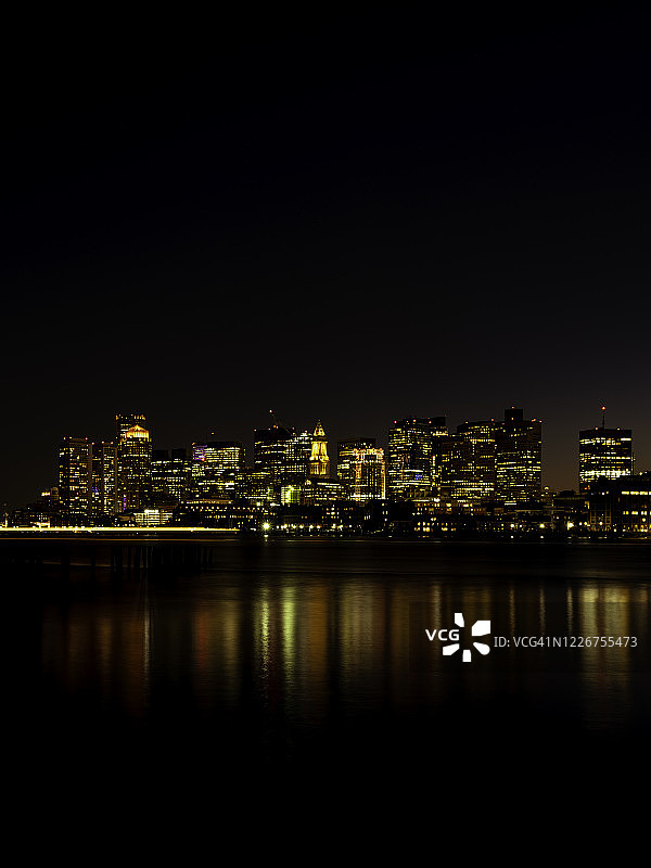 波士顿夜景城市天际线和海洋映像图片素材