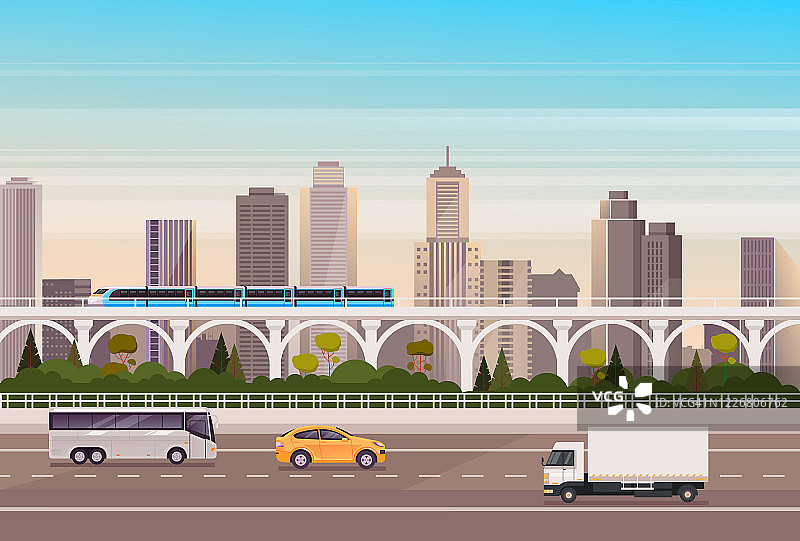 城市交通汽车、公共汽车、火车概念。矢量平面卡通图形设计插图图片素材