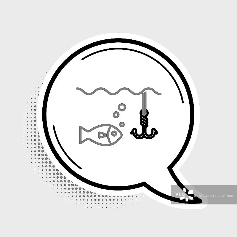 钓鱼钩在水下与鱼图标孤立在灰色背景。渔具。色彩斑斓的轮廓的概念。向量图片素材