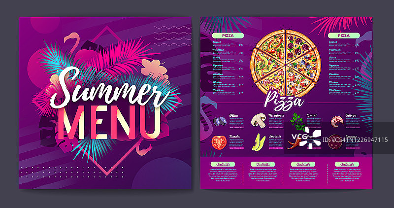 餐厅夏季热带梯度披萨菜单设计与荧光热带树叶和火烈鸟。快餐菜单图片素材