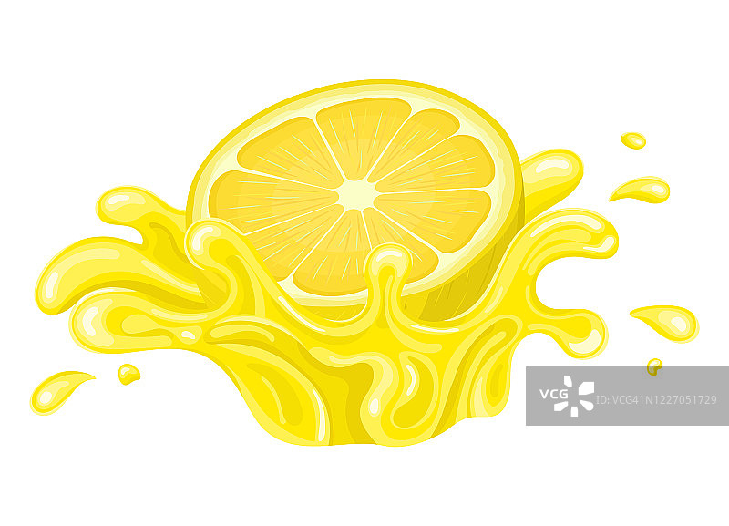 鲜亮的半切柠檬汁飞溅在白色的背景上。夏天果汁。卡通风格。矢量插图为任何设计。图片素材