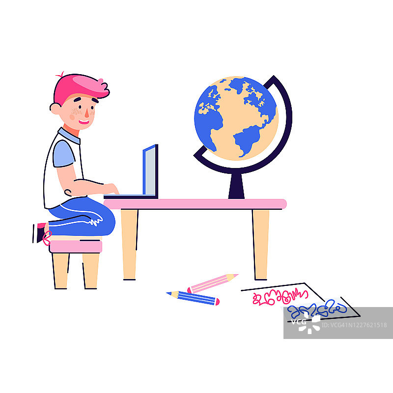 小男孩坐在书桌与笔记本电脑和地球平面矢量插图孤立。图片素材