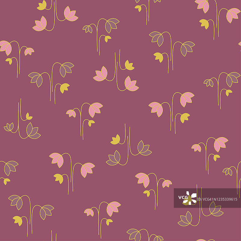 花的几何无缝图案与小线条艺术郁金香花和叶在紫色的粉红色的背景。图片素材