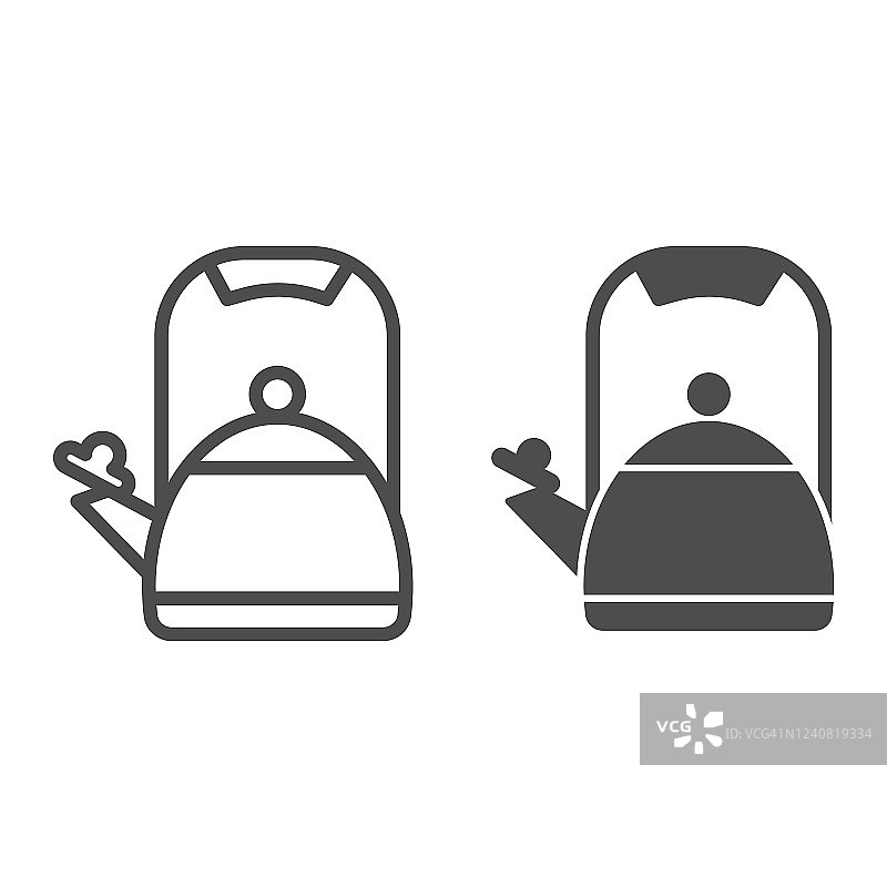 茶壶线和固体图标，厨房电器概念，水壶与哨子标志在白色背景，厨房茶壶图标轮廓风格的移动概念和网页设计。矢量图形。图片素材
