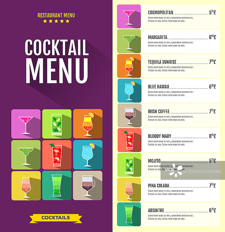 平面风格的鸡尾酒菜单设计图片素材