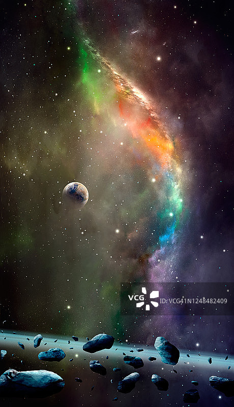空间背景。地球行星在彩色星云与小行星带图片素材