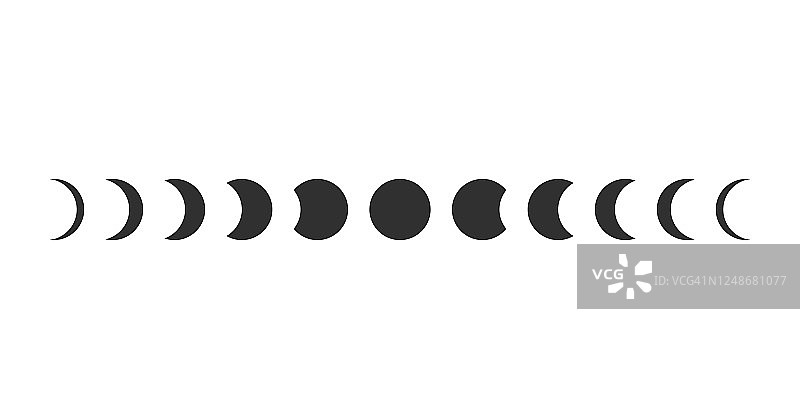 月亮相位天文图标剪影符号集。满月和新月标志标志。矢量插图。孤立在白色背景上。图片素材