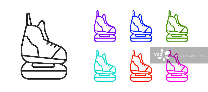 黑色线溜冰图标孤立在白色背景。冰鞋图标。带刀片的运动靴。设置图标丰富多彩。矢量图图片素材