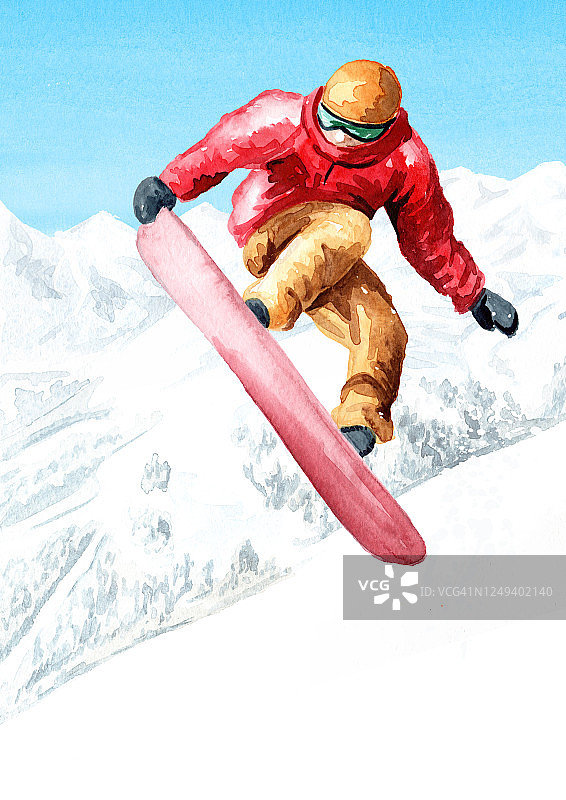 年轻的滑雪板跳跃与滑雪板从雪山滑雪场，冬季娱乐和度假的概念。手绘水彩插图和背景与复制空间图片素材