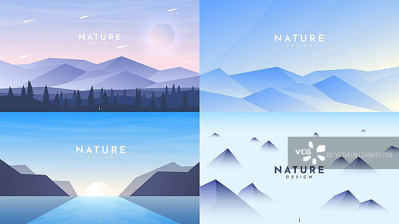一套4景观在平面极简主义风格。森林和高山，北极的阿尔卑斯山，日出和小山，雾蒙蒙的岩石。网站或游戏模板。矢量插图。旅游、探险、旅游理念图片素材