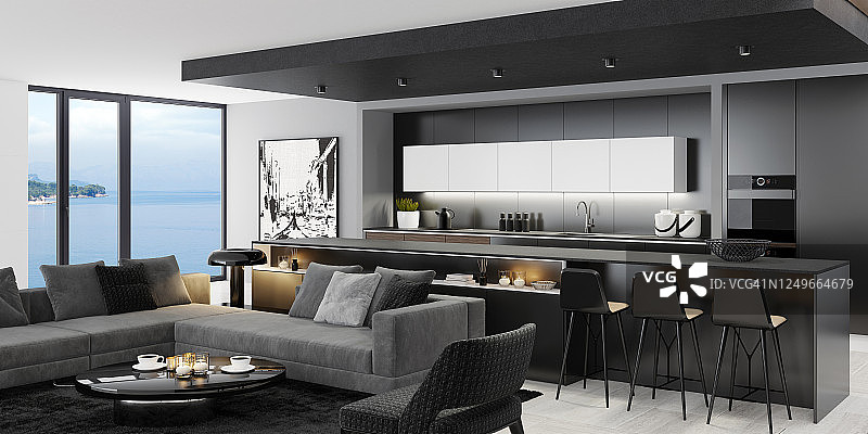 豪华的黑色室内客厅与现代极简主义意大利风格的开放式空间厨房与大长厨房岛。图片素材