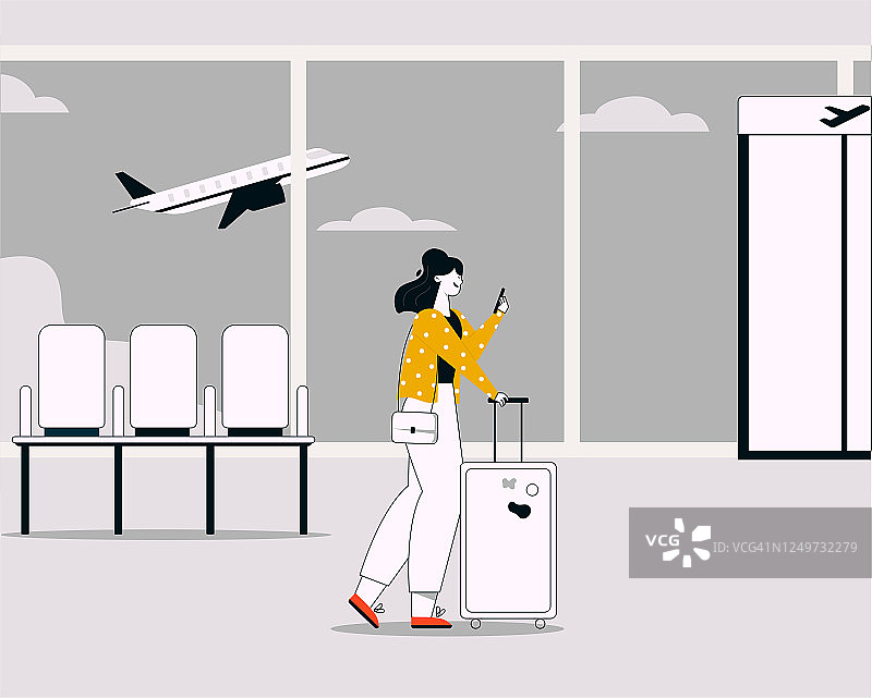 矢量线性插图的女人与行李走在机场图片素材
