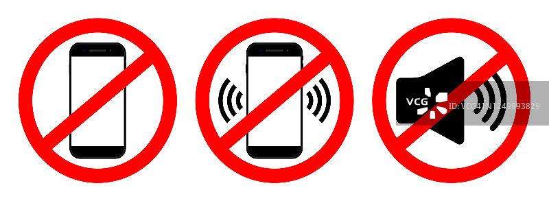 手机图标。手机禁令的迹象。禁止使用手机，声音。智能手机中的停止通话符号。静音电话区。打开安静。影院和危险区域的清除装置。向量图片素材