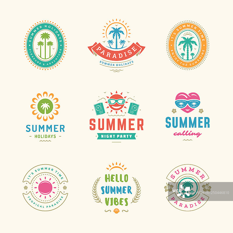 暑假标签和徽章复古排版设计集图片素材