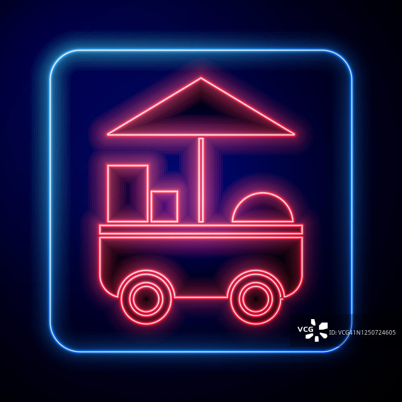 发光的霓虹灯快餐车图标孤立在蓝色的背景。城市亭。矢量图图片素材
