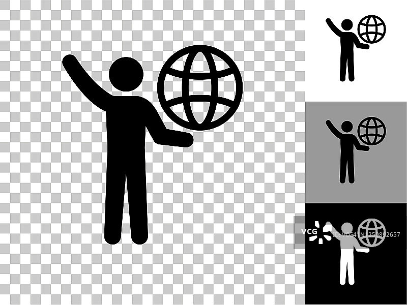 Stick Figure Carrying Globe Icon on Checkerboard透明背景图片素材
