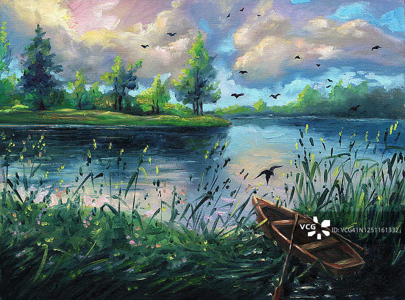 夏季油画自然森林景观背景在画布上与傍晚日落，湖，绿树，云彩，蓝天，户外手绘插图与河的倒影，绘画艺术。图片素材