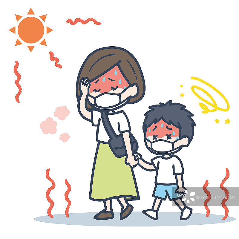 这是一幅父母和孩子在烈日下戴上面具的插图。矢量图像。图片素材