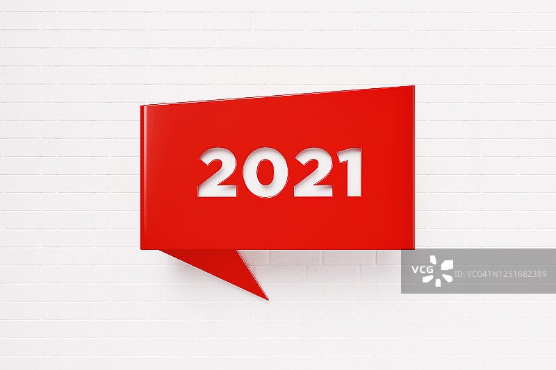 2021年写的红色聊天泡泡在白色砖墙的背景图片素材