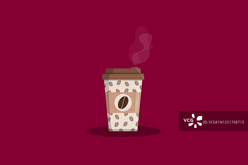 一次性咖啡杯里的咖啡。咖啡杯上的咖啡豆图案。图片素材