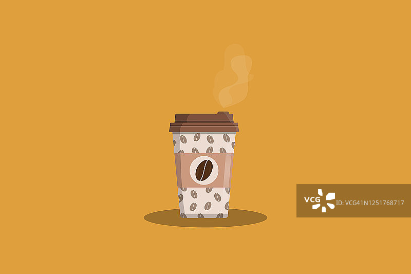 一次性咖啡杯里的咖啡。咖啡杯上的咖啡豆图案。图片素材