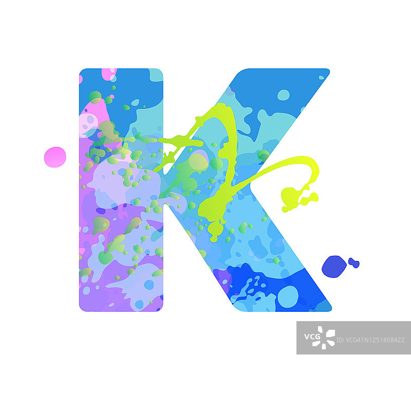 粗体字母K与液体点效果的油漆在蓝色，绿色，粉红色的颜色图片素材